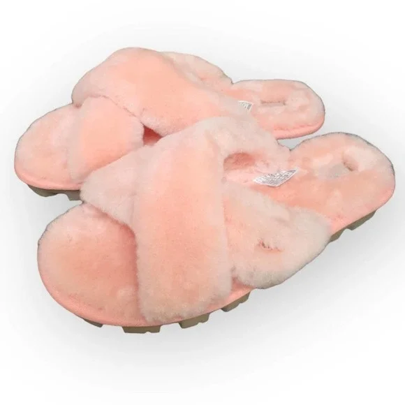 Ugg Fuzzette Beverly Pink Criss Cross Strap Fur Slippers Size 5 - Picture 2 of 12